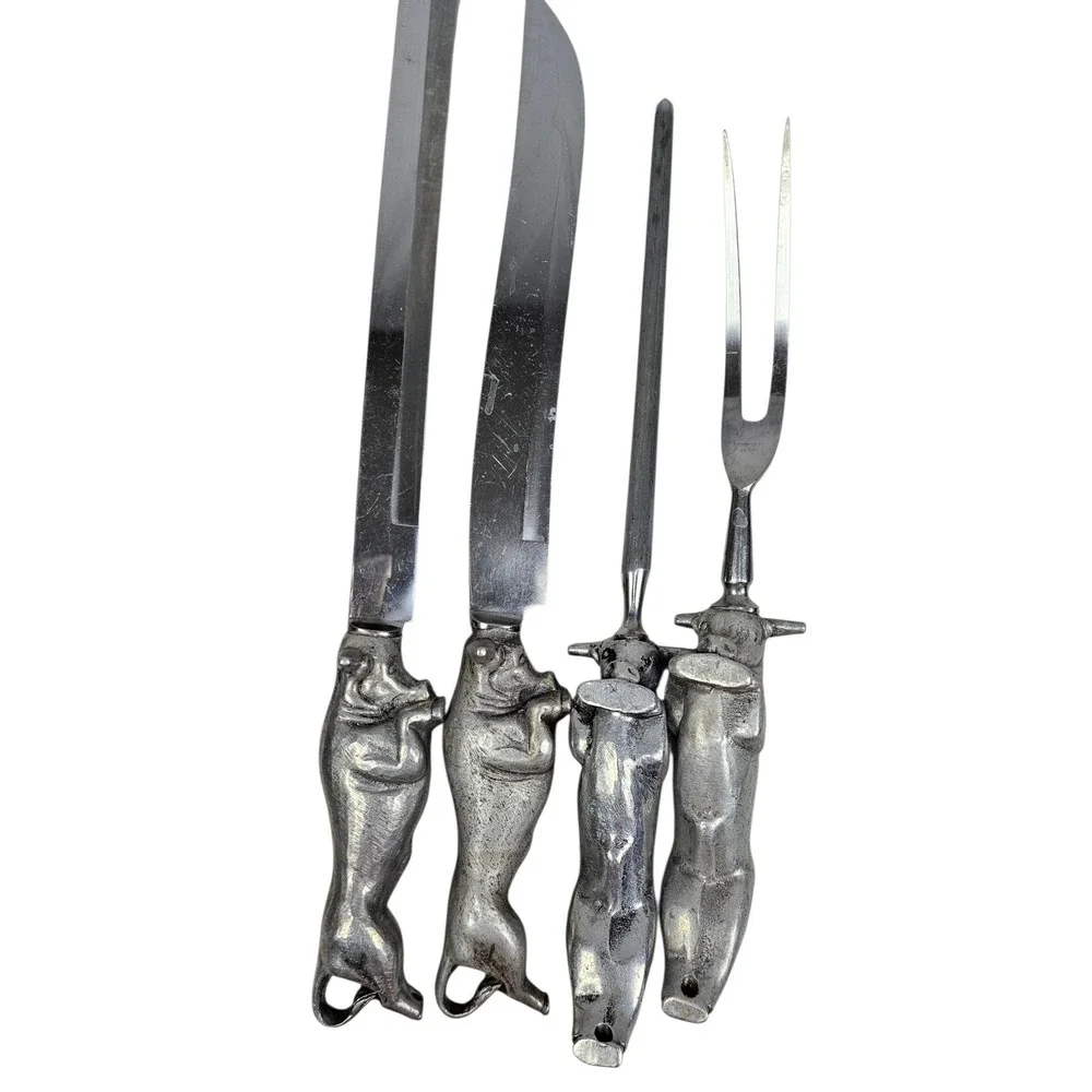Vintage Bruce Fox Solingen‎ Germany Bull Steer Carving Set 4pc Chrome Steel MCM
